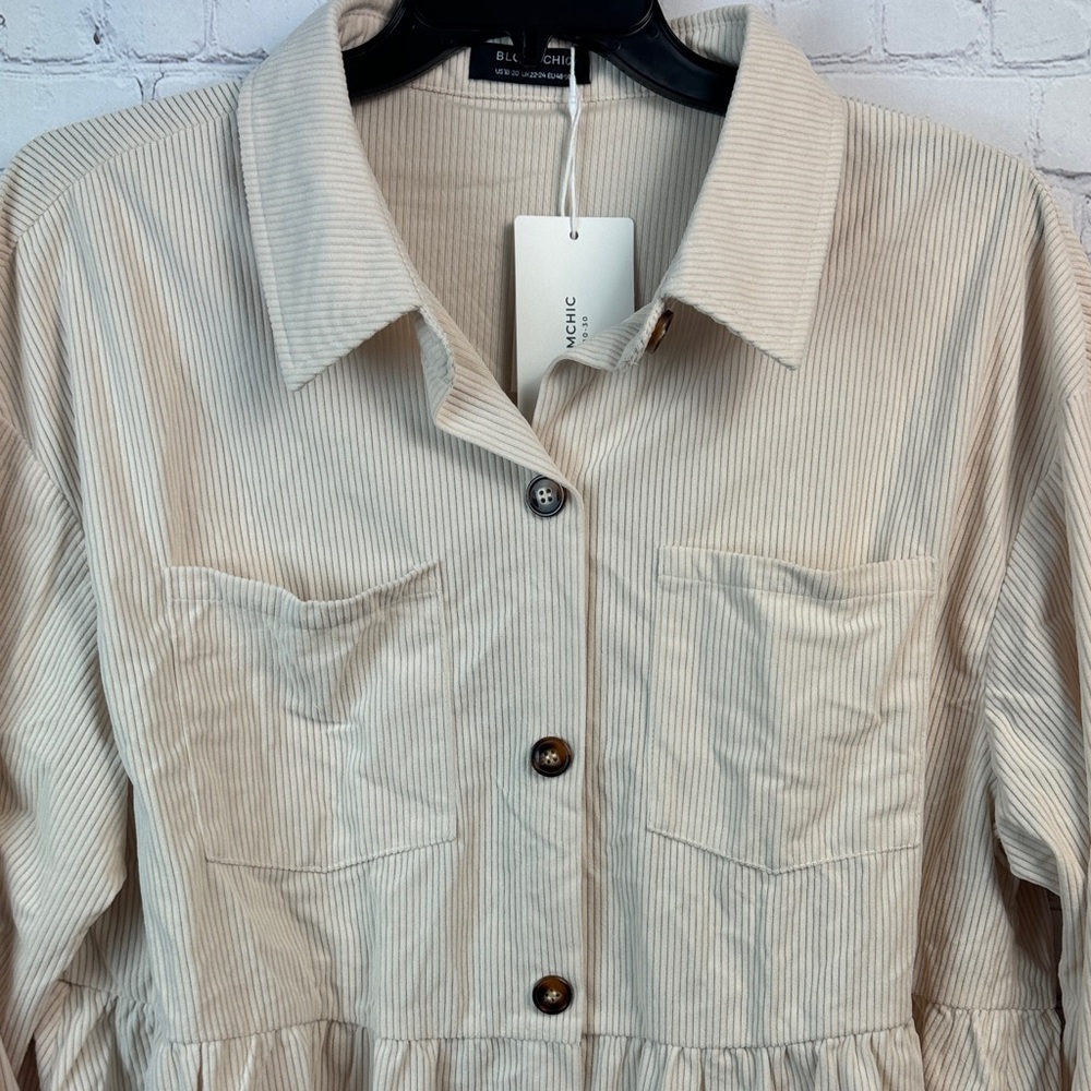 BloomChic Cream Button-Up Corduroy Peplum Top Plus Size 2X - Picture 5 of 7